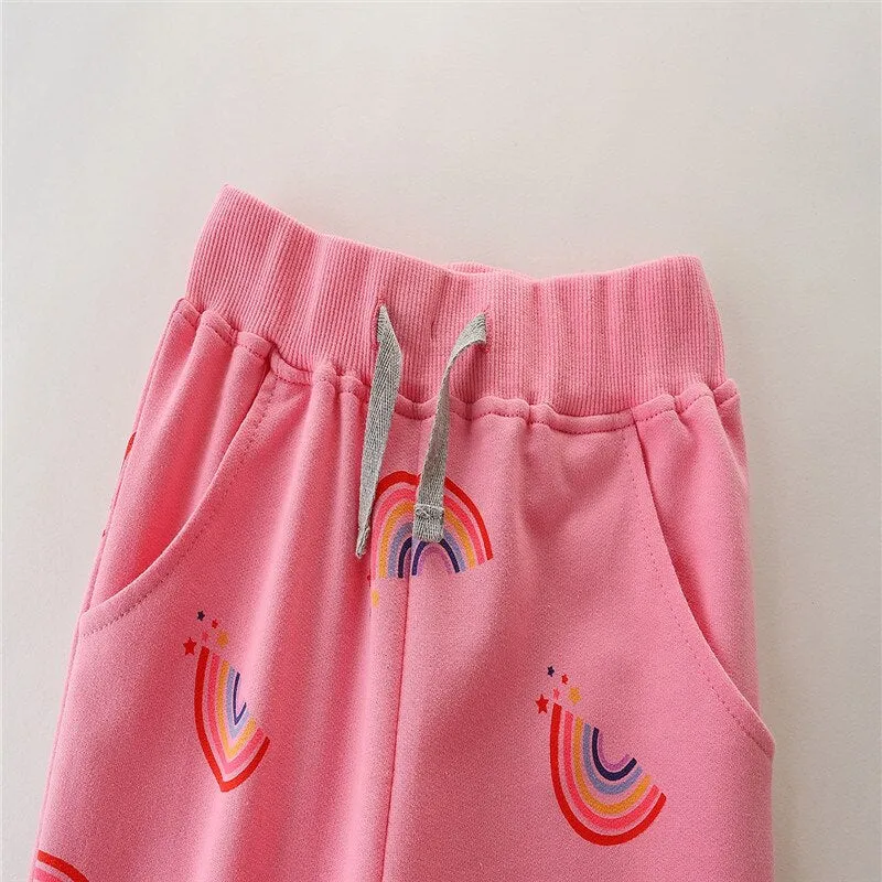 Girls Rainbow Print Drawstring Cotton Sweatpants - Pink