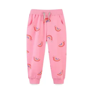 Girls Rainbow Print Drawstring Cotton Sweatpants - Pink