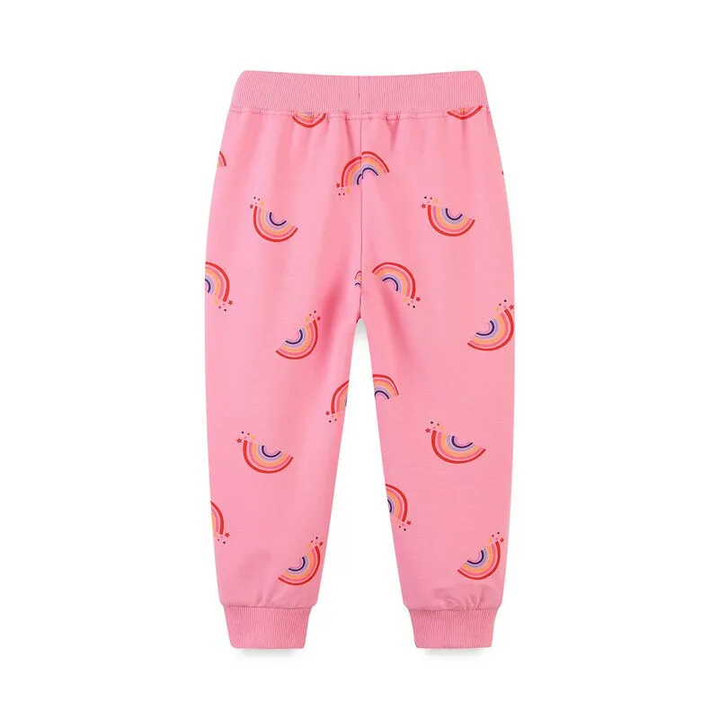 Girls Rainbow Print Drawstring Cotton Sweatpants - Pink