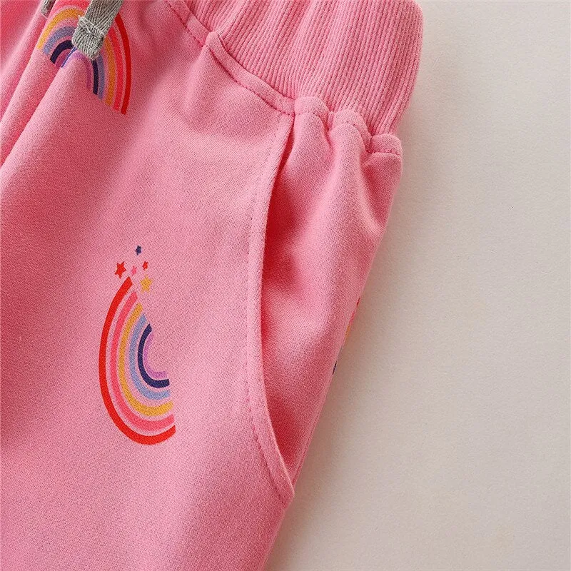 Girls Rainbow Print Drawstring Cotton Sweatpants - Pink