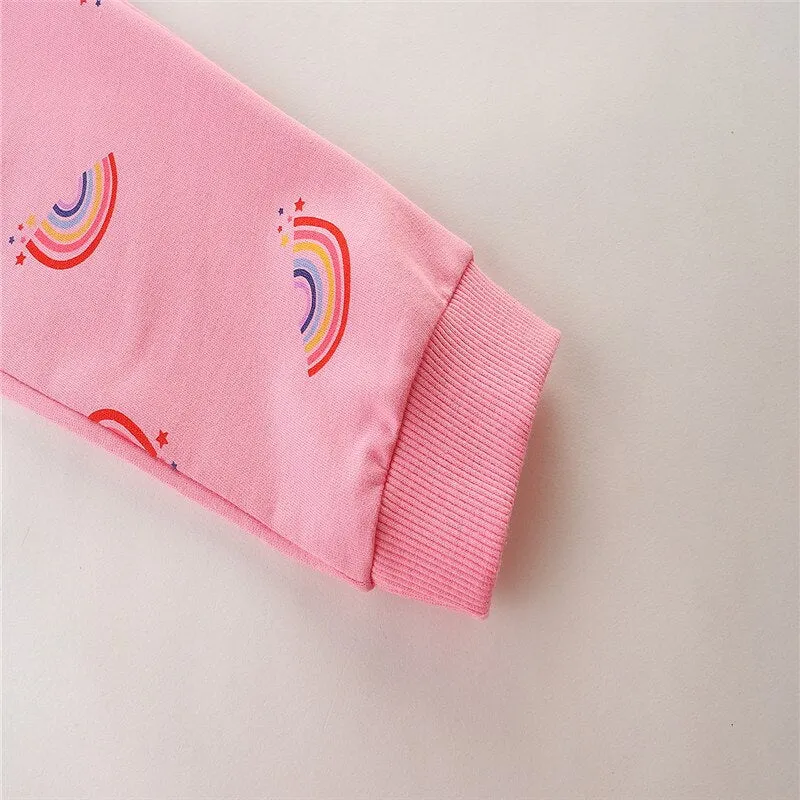 Girls Rainbow Print Drawstring Cotton Sweatpants - Pink