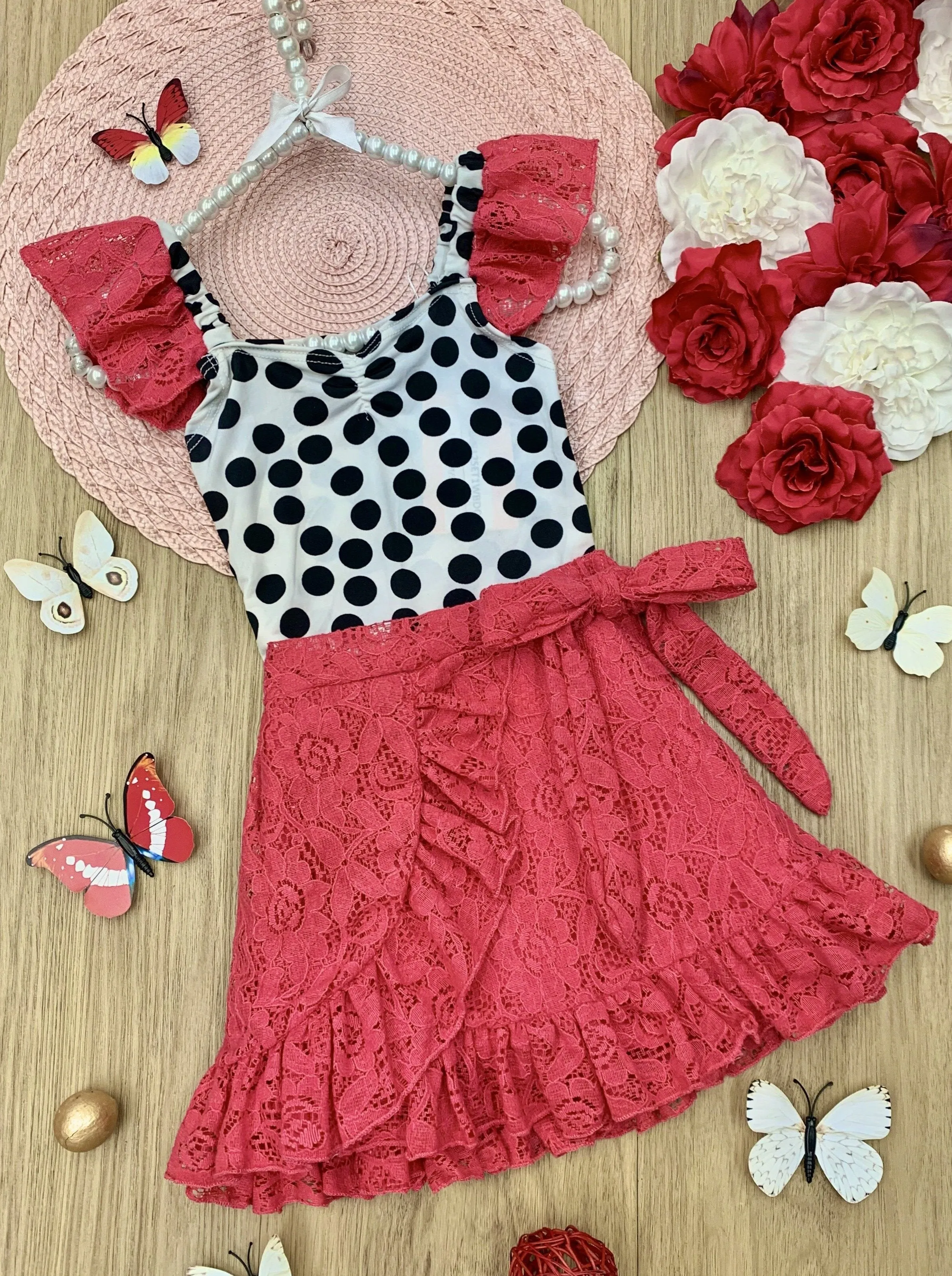 Girls Total Sweetheart Tulle Sleeve Top & Ruffled Wrap Skirt Set