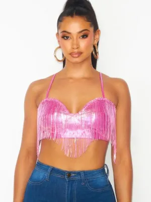 Giselle Metallic Sequin Fringe Pu Crop Bra Top - Pink -