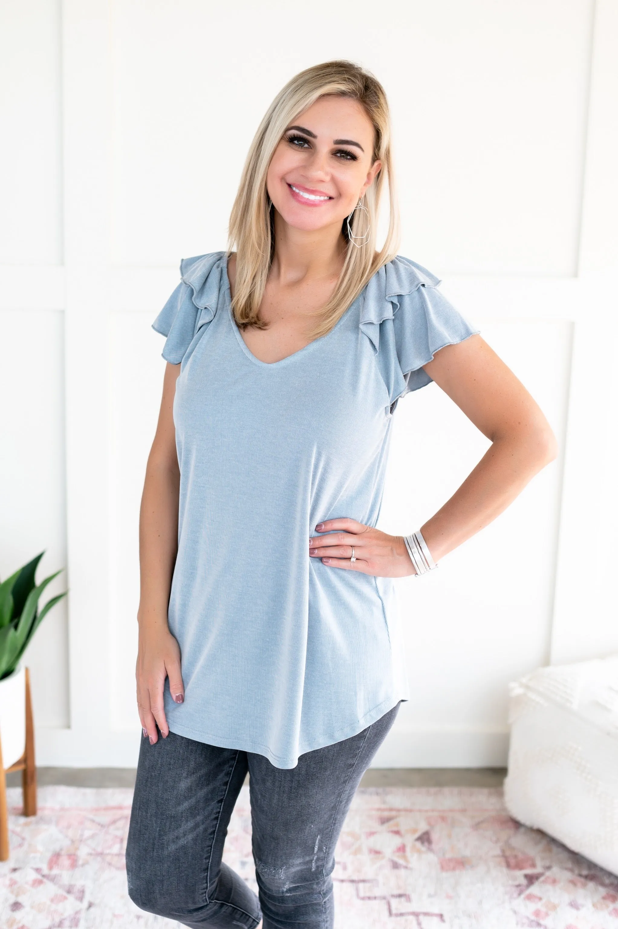 Giving Me Chills In Icy Blue Ruffled Sleeve Top