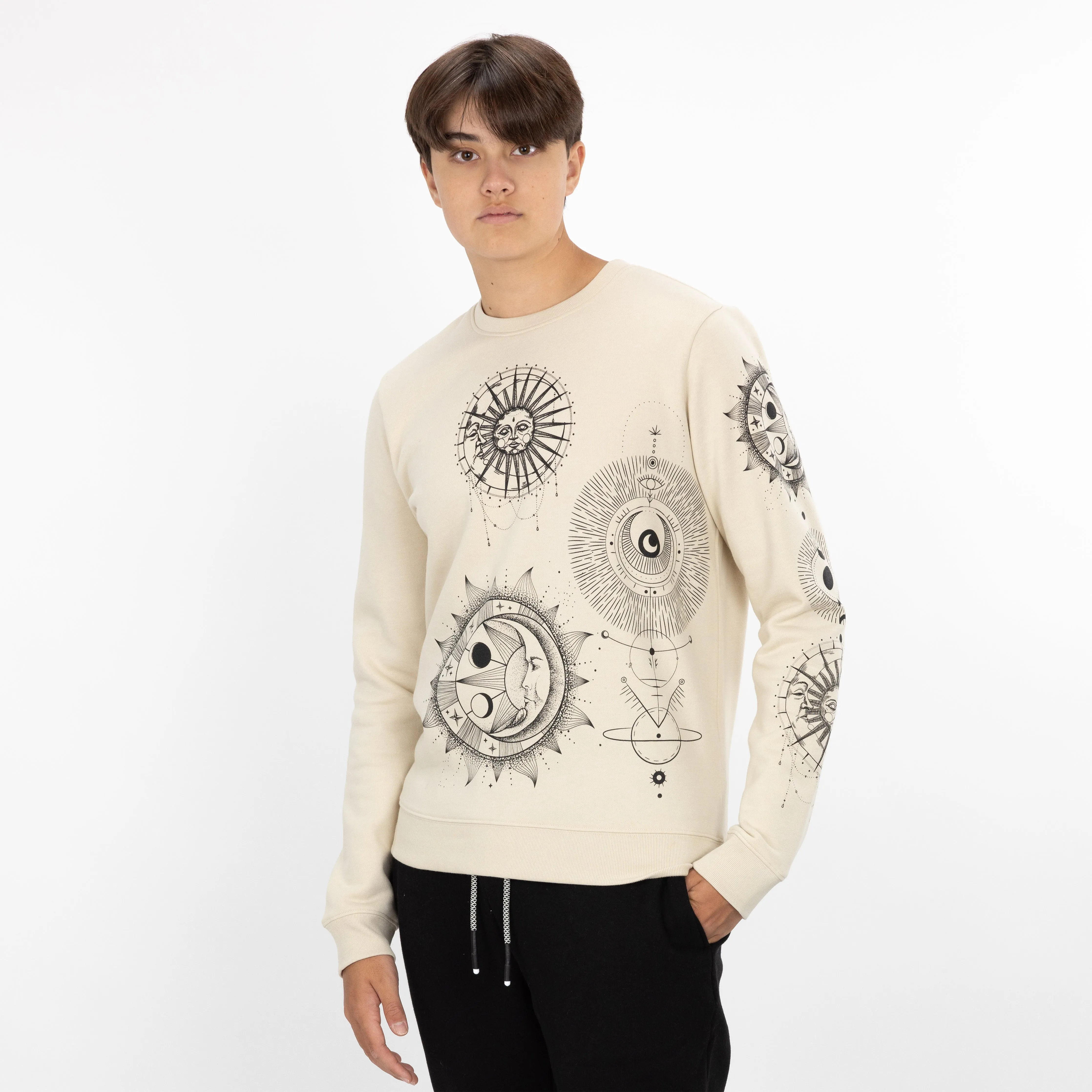 Graphic Wraparound Crewneck Pullover Sweatshirt - Oatmeal / Celestial