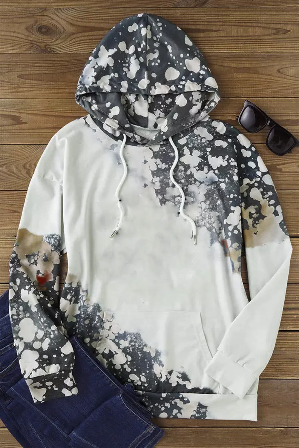 Gray Bleached Tie Dye Drawstring Hoodie