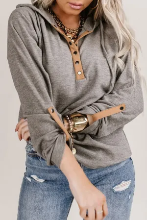 Gray Quarter Buttoned Drawstring Pullover Hoodie