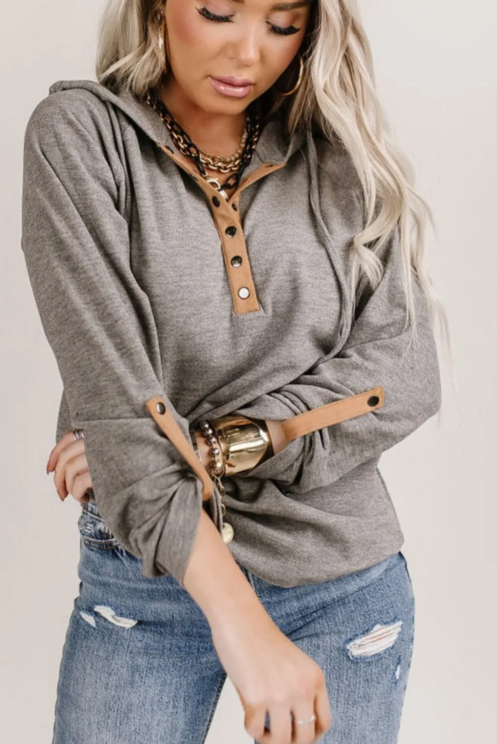 Gray Quarter Buttoned Drawstring Pullover Hoodie