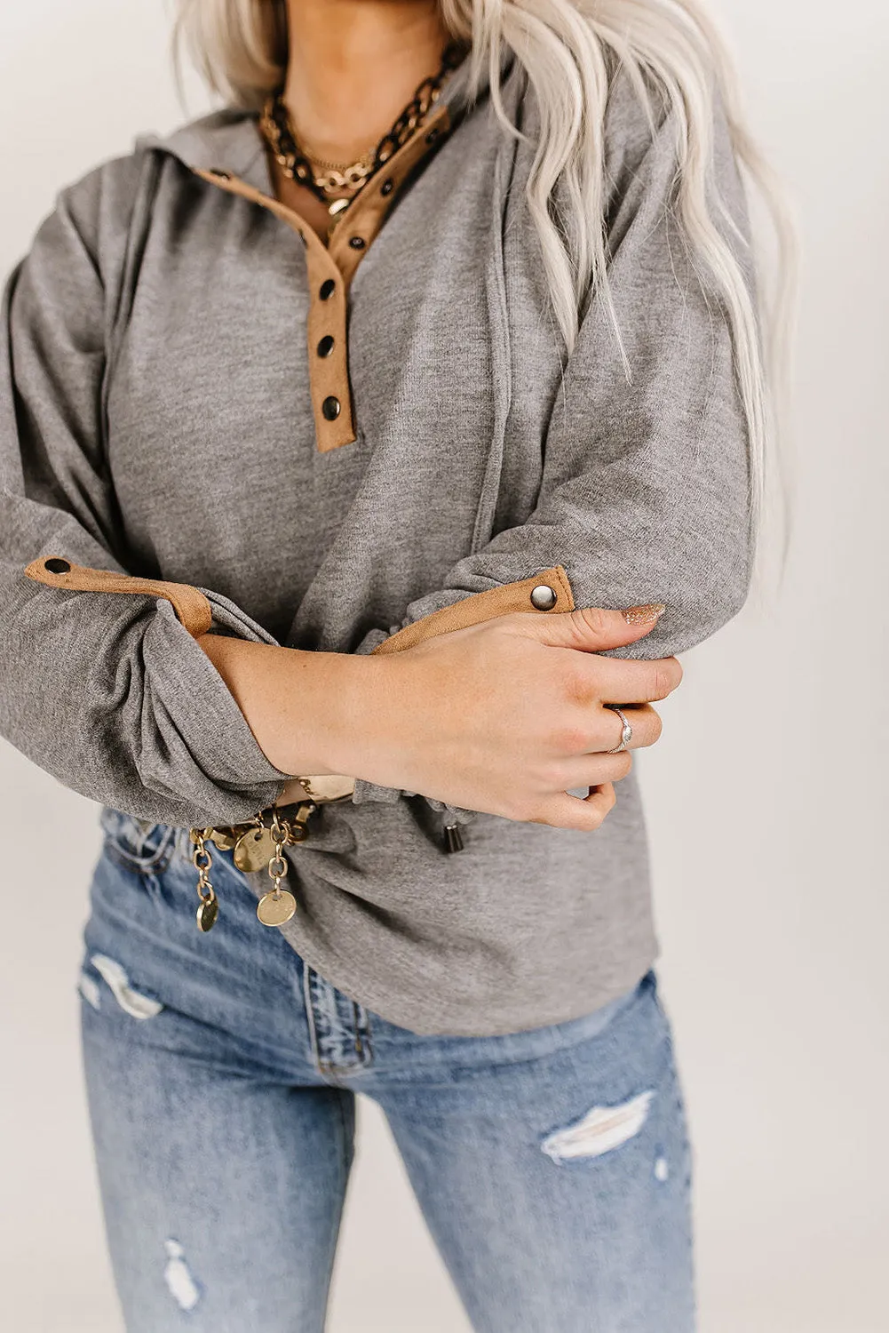 Gray Quarter Buttoned Drawstring Pullover Hoodie
