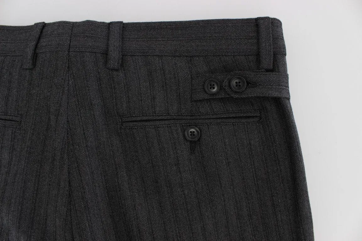 Gray Striped Wool Cotton Slim Pants