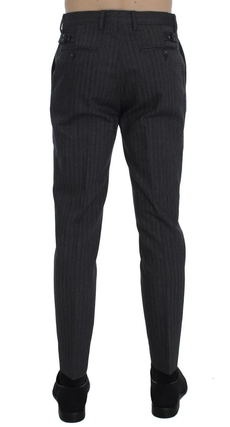 Gray Striped Wool Cotton Slim Pants