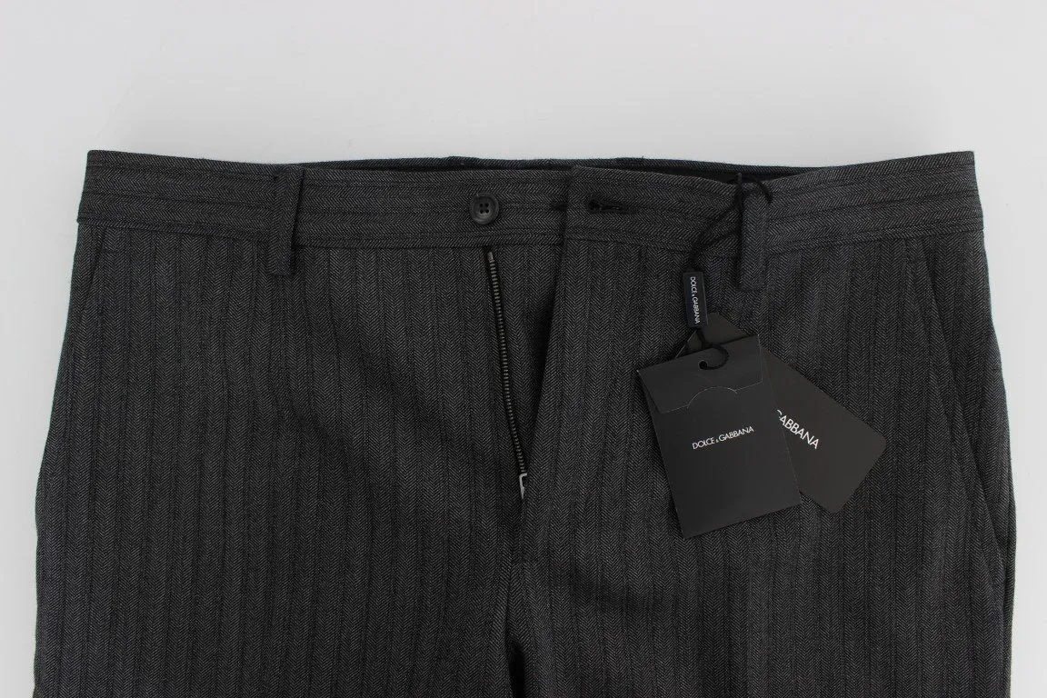 Gray Striped Wool Cotton Slim Pants