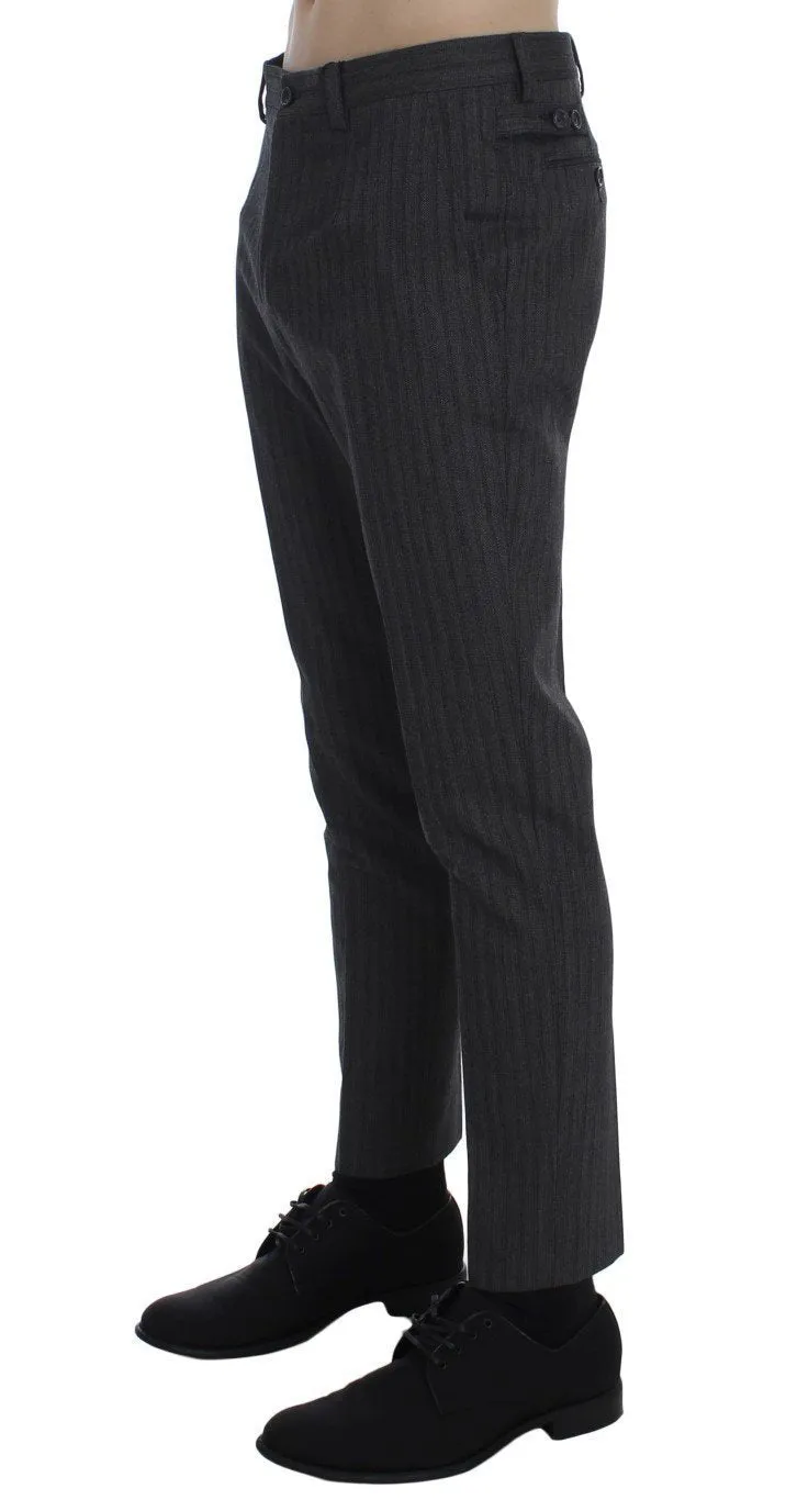 Gray Striped Wool Cotton Slim Pants