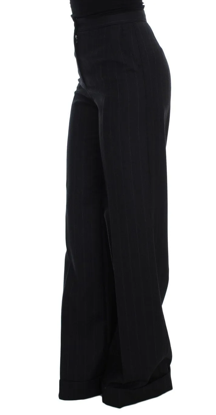 Gray Striped Wool High Waist Pants