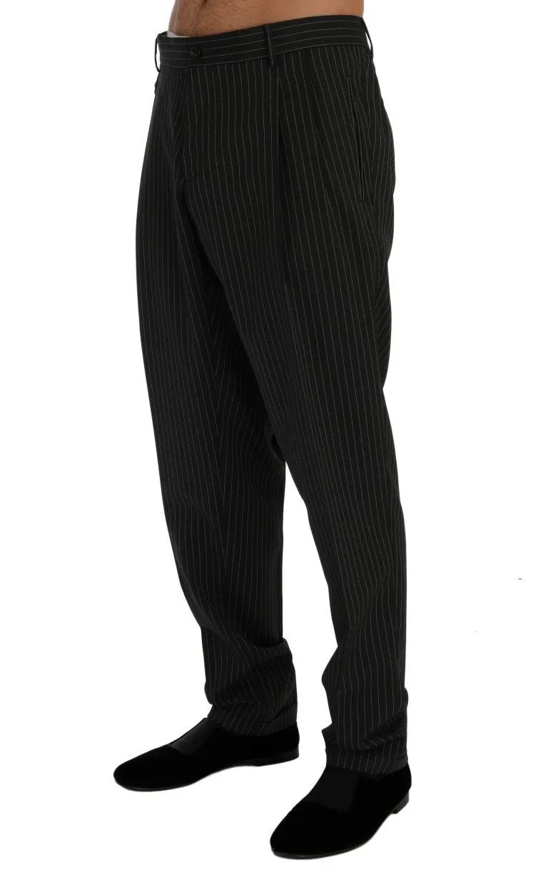 Gray Striped Wool Stretch Formal Pants