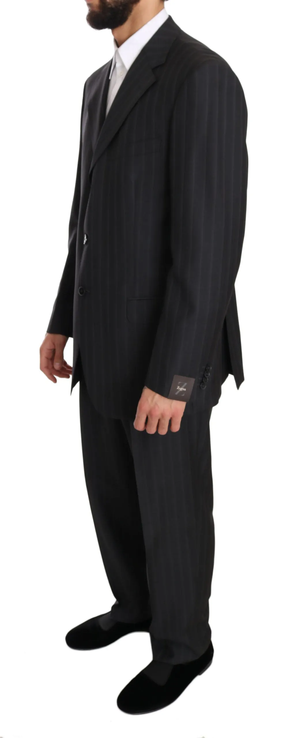 Gray Two Piece 3 Button Wool Striped Suit