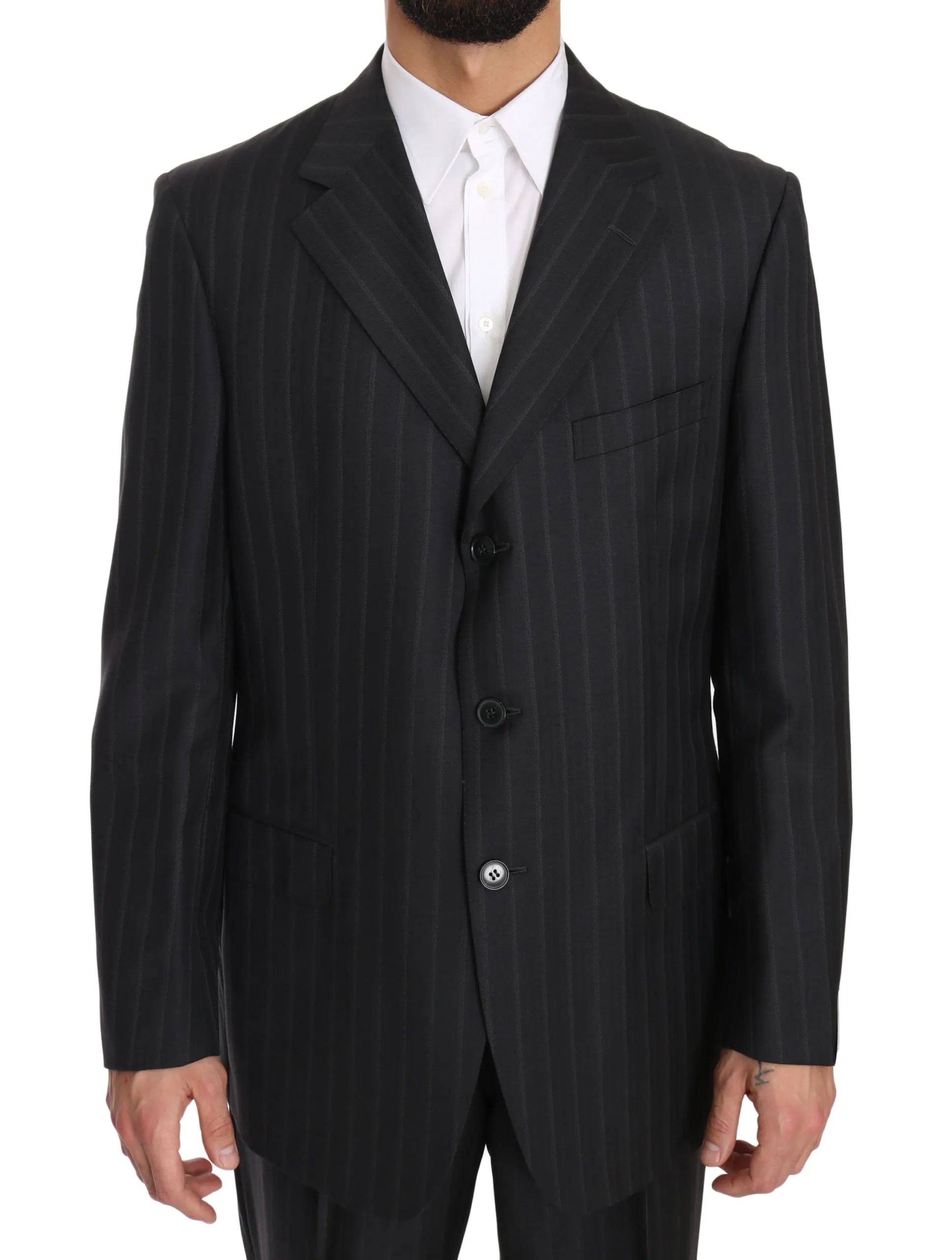 Gray Two Piece 3 Button Wool Striped Suit