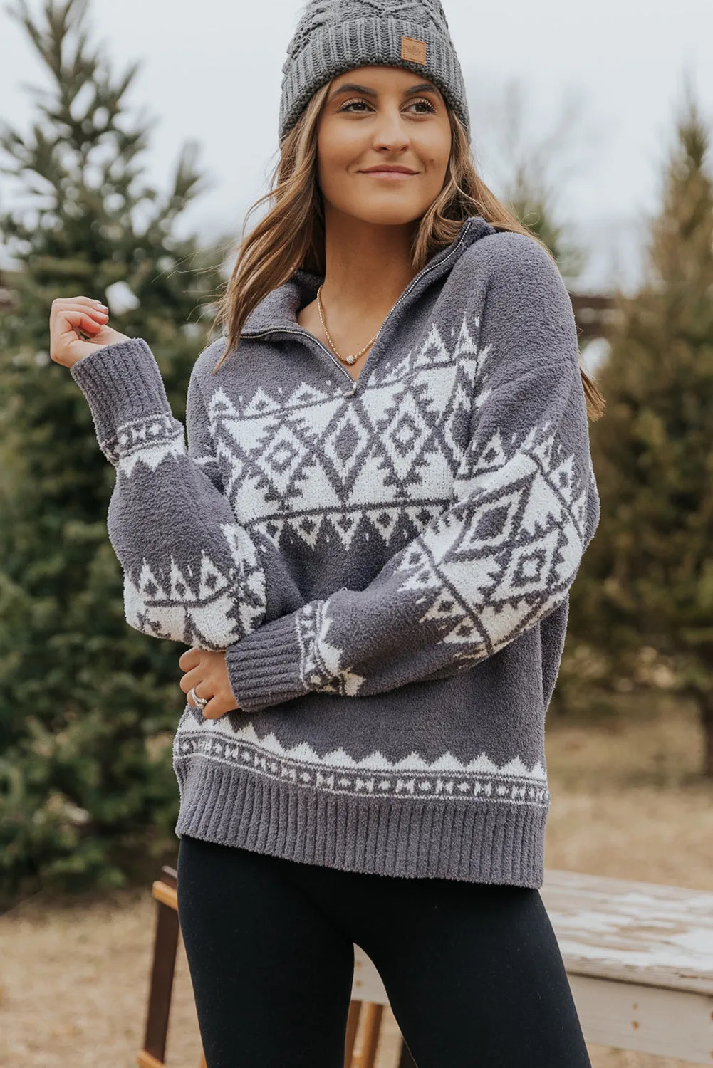 Gray Women_s Grey Printed CozyKnit Quarter Zip Pullover