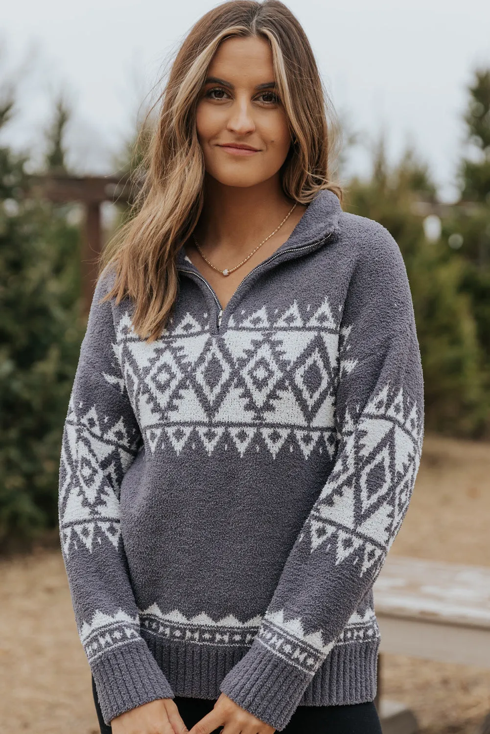 Gray Women_s Grey Printed CozyKnit Quarter Zip Pullover