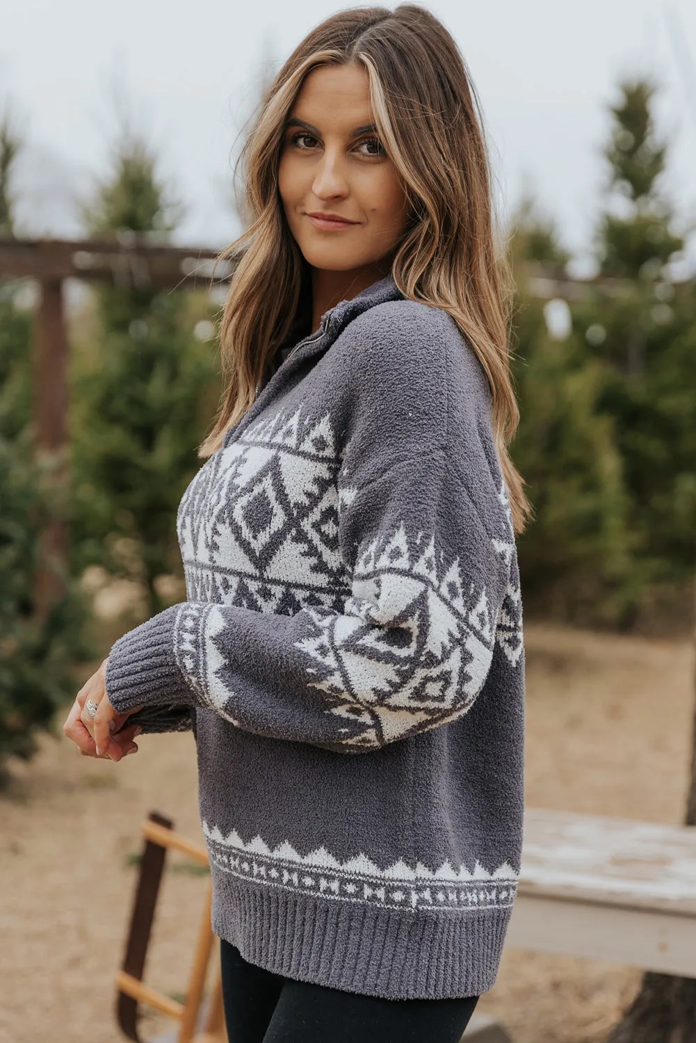 Gray Women_s Grey Printed CozyKnit Quarter Zip Pullover