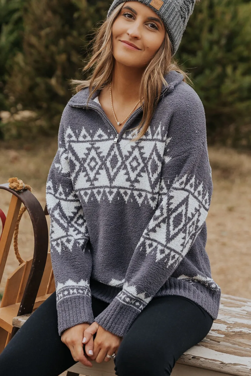 Gray Women_s Grey Printed CozyKnit Quarter Zip Pullover