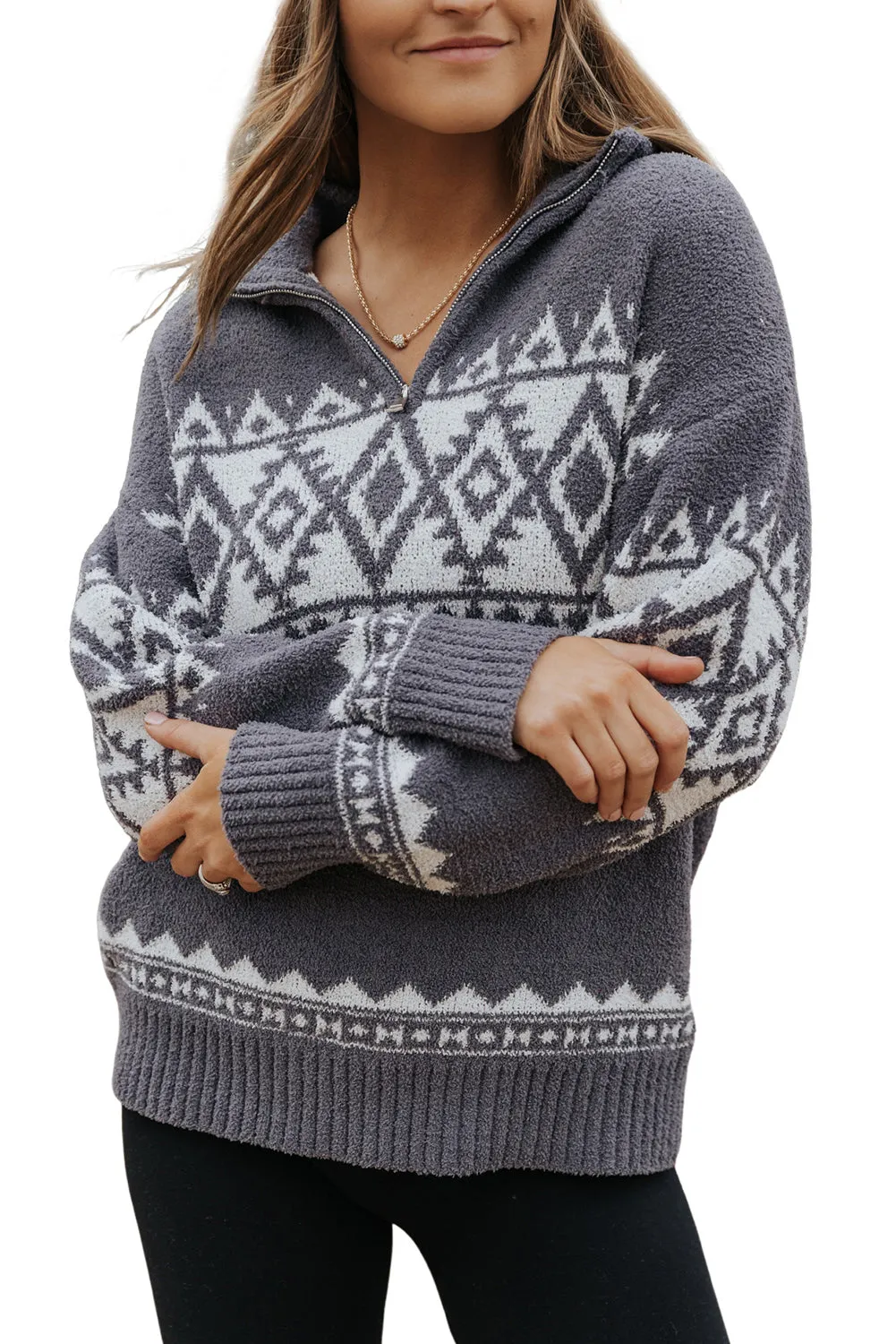Gray Women_s Grey Printed CozyKnit Quarter Zip Pullover