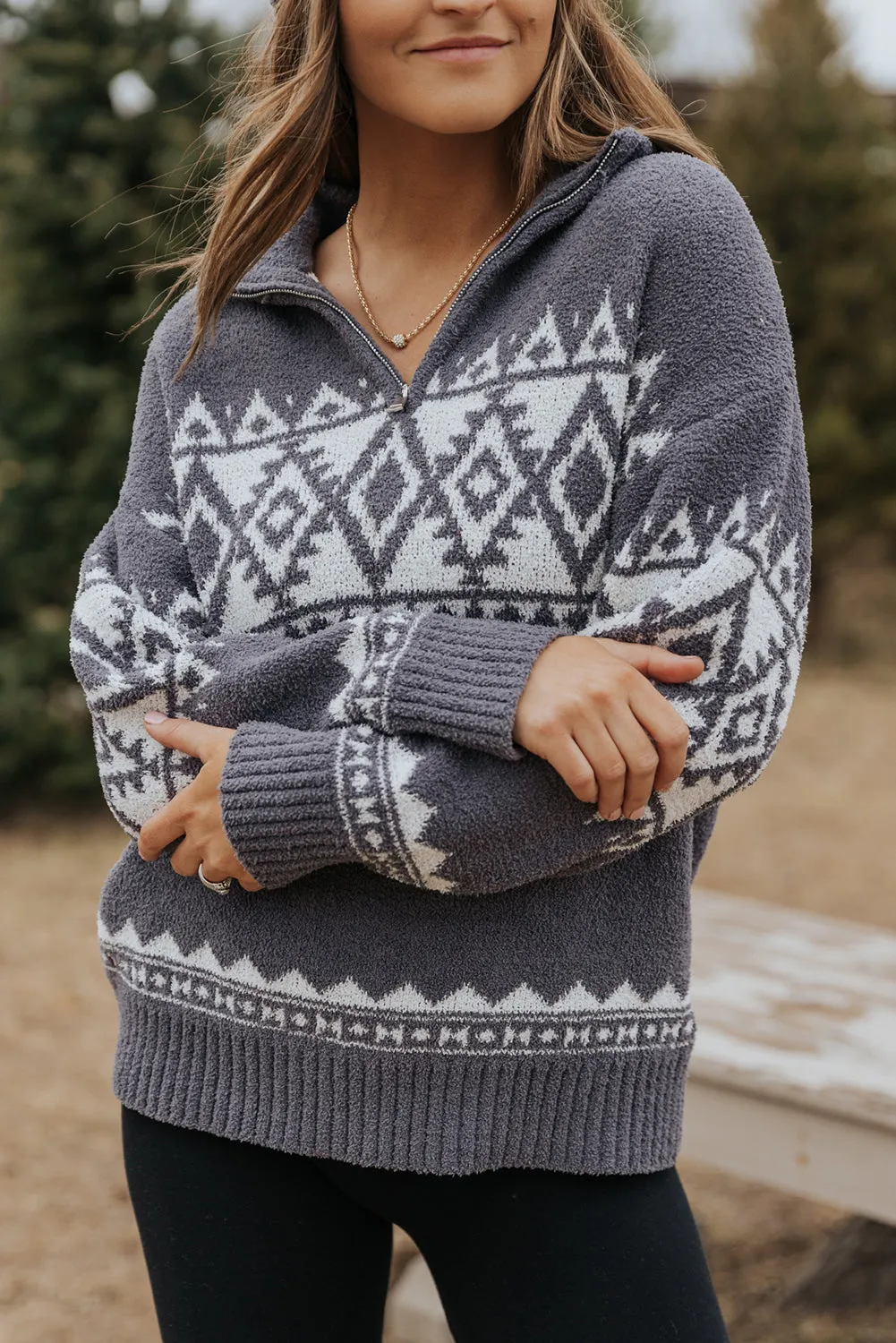 Gray Women_s Grey Printed CozyKnit Quarter Zip Pullover