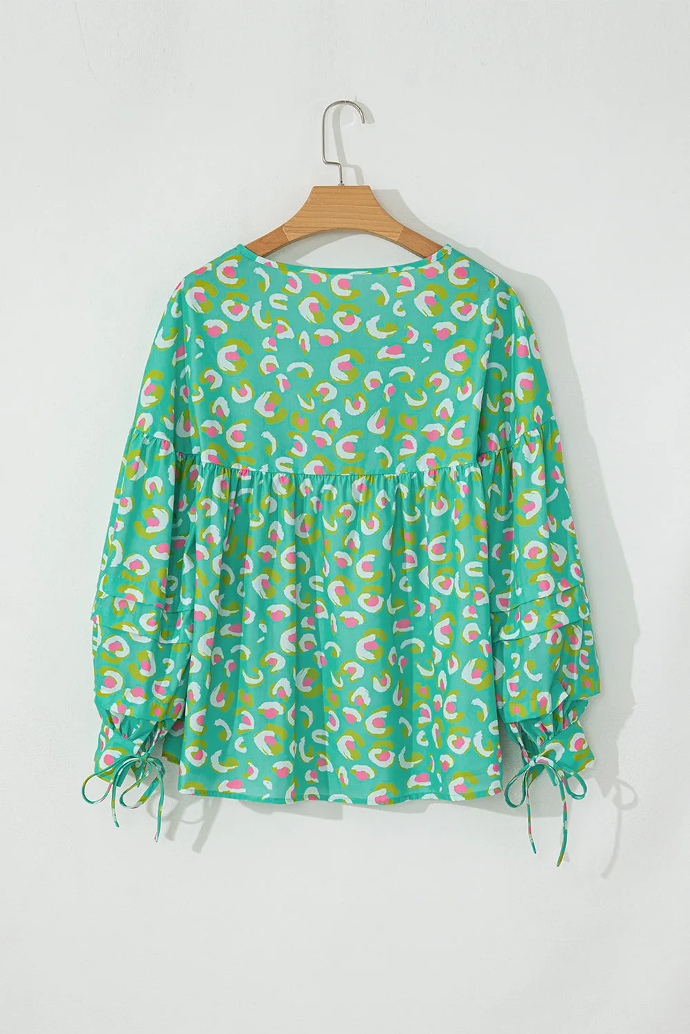 Green Abstract Printed Lace-up Lantern Sleeve Babydoll Blouse