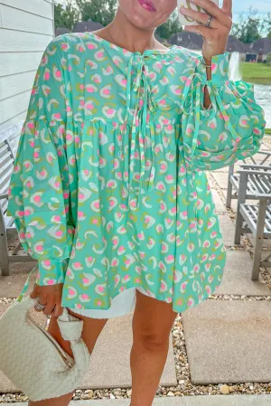 Green Abstract Printed Lace-up Lantern Sleeve Babydoll Blouse