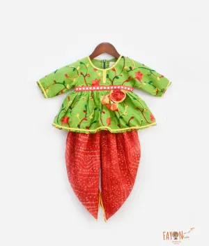 Green Embroidery Red Printed Dhoti Set for Girls