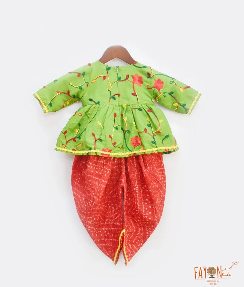 Green Embroidery Red Printed Dhoti Set for Girls