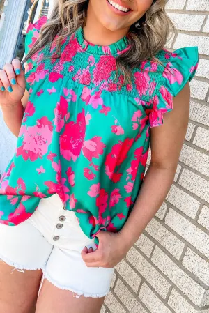 Green Floral Ruffled Flutter Sleeve Ruched Blouse