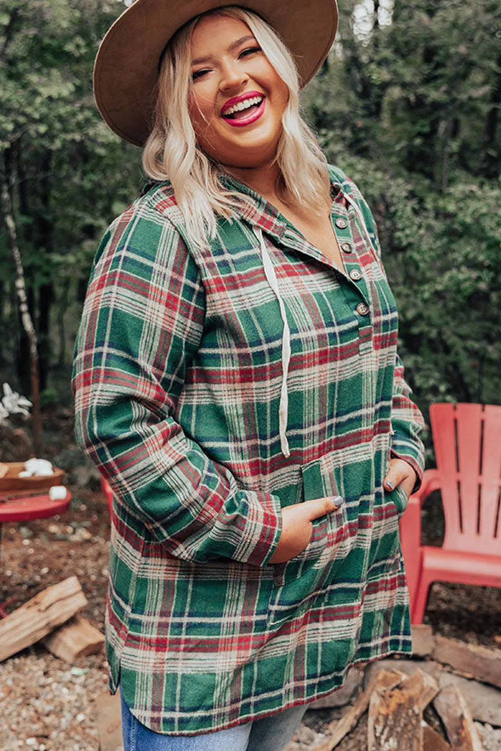 Green Plus Size Plaid Kangaroo Pocket Drawstring Hoodie