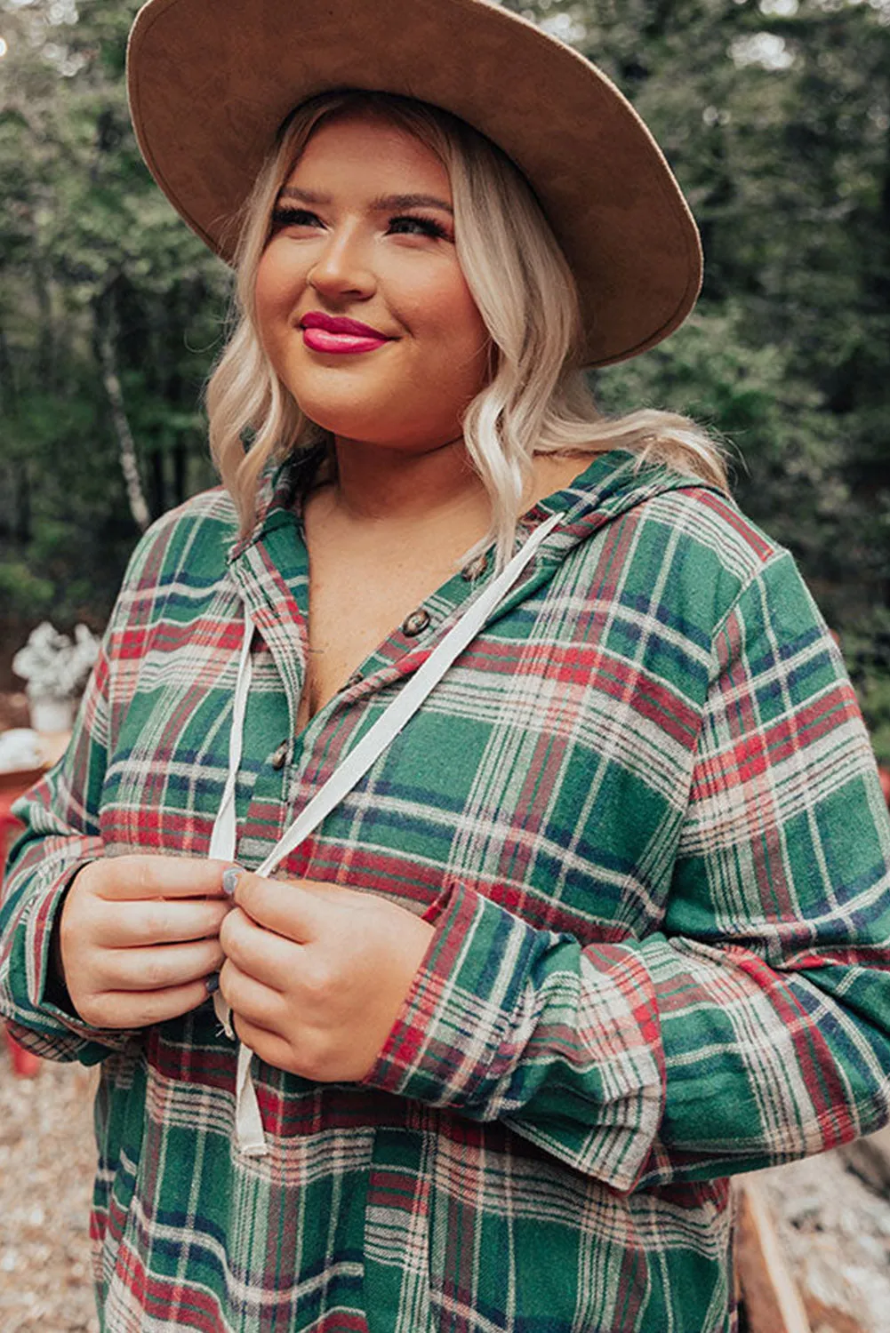 Green Plus Size Plaid Kangaroo Pocket Drawstring Hoodie
