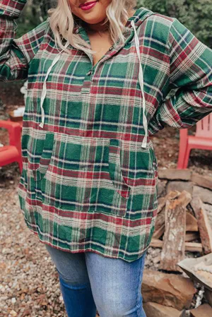 Green Plus Size Plaid Kangaroo Pocket Drawstring Hoodie