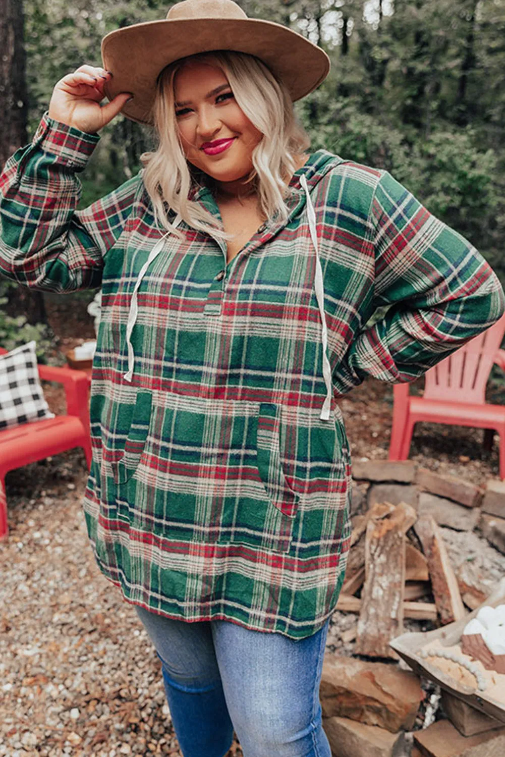 Green Plus Size Plaid Kangaroo Pocket Drawstring Hoodie
