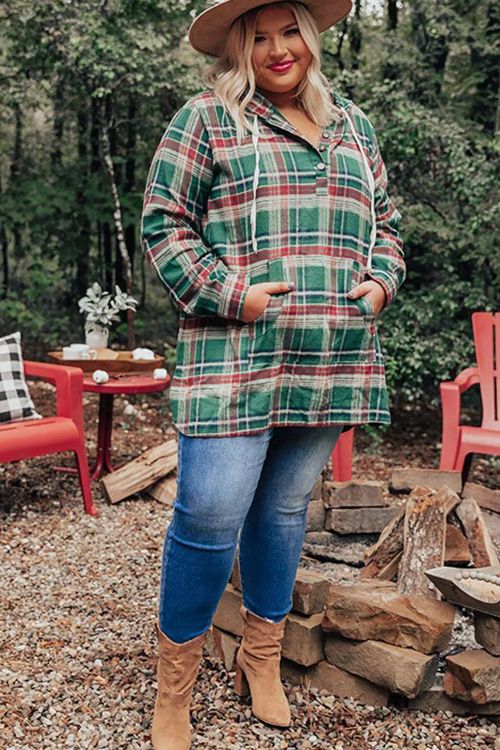 Green Plus Size Plaid Kangaroo Pocket Drawstring Hoodie