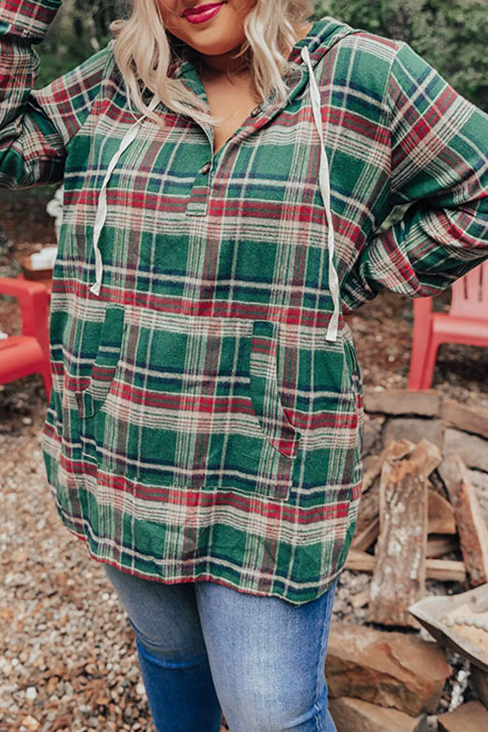 Green Plus Size Plaid Kangaroo Pocket Drawstring Hoodie