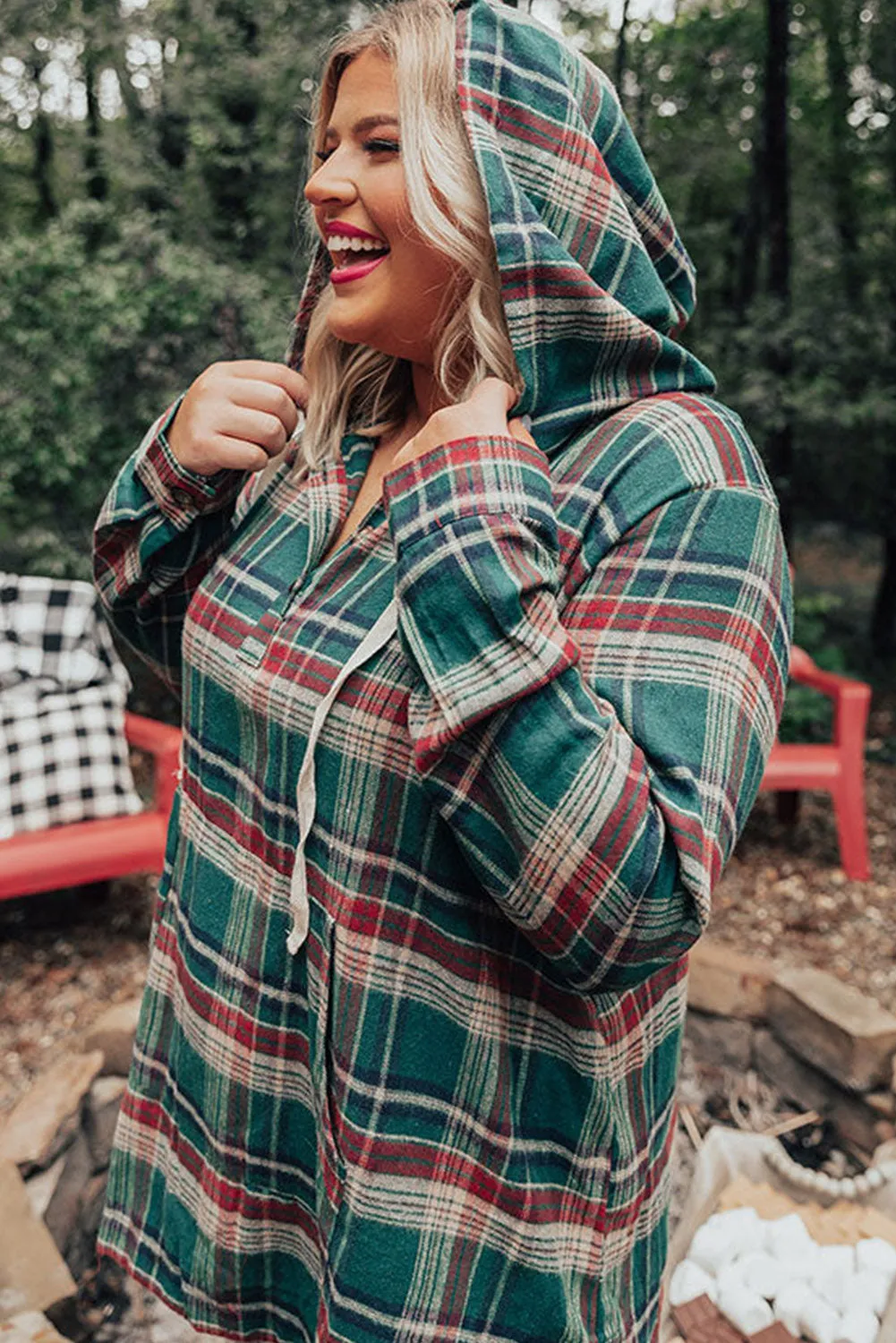 Green Plus Size Plaid Kangaroo Pocket Drawstring Hoodie
