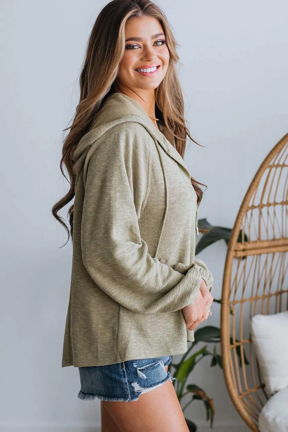 Green Split V Neck Drawstring Hoodie with Pockets