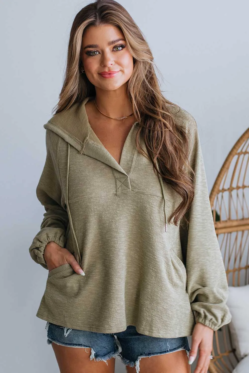 Green Split V Neck Drawstring Hoodie with Pockets