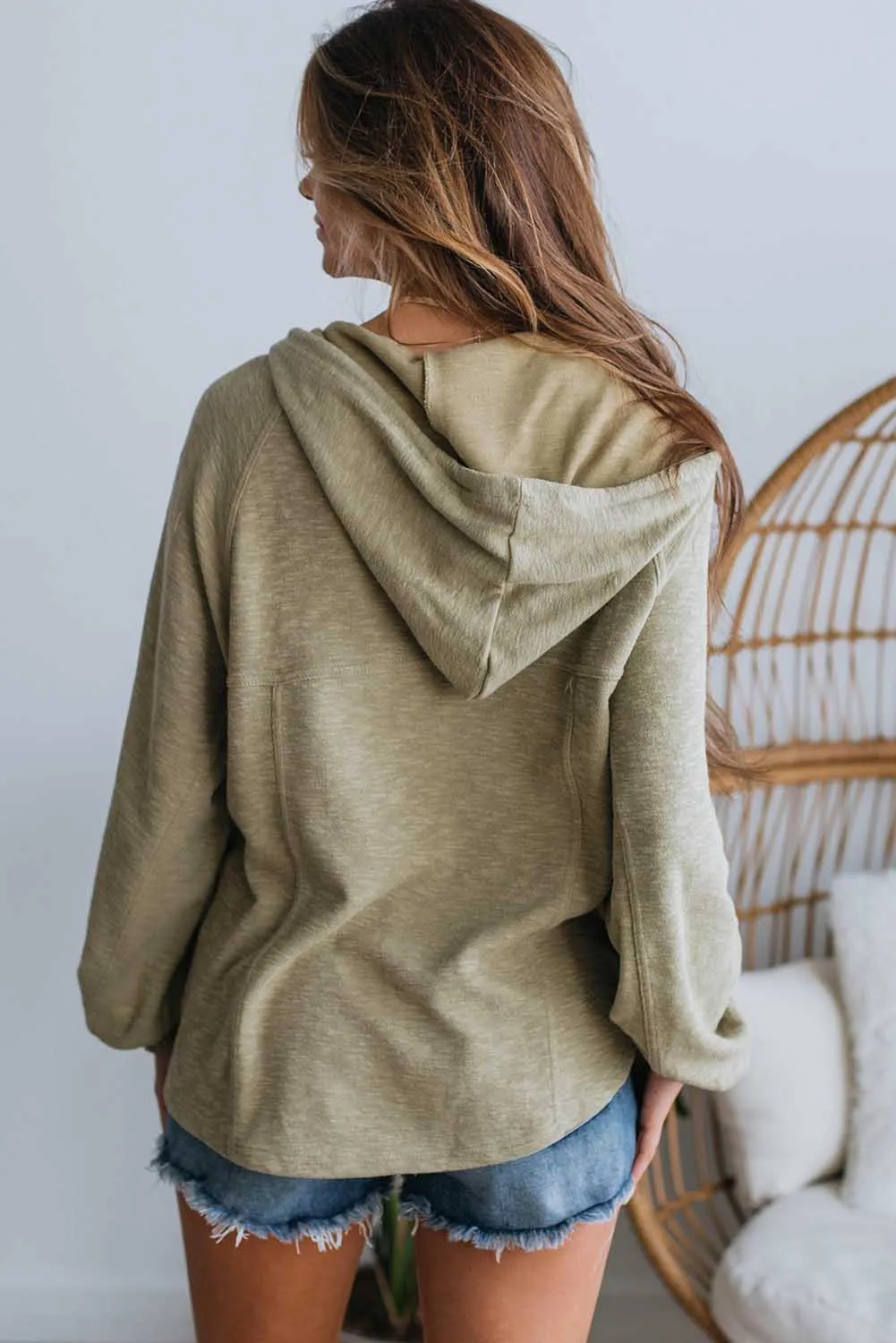 Green Split V Neck Drawstring Hoodie with Pockets