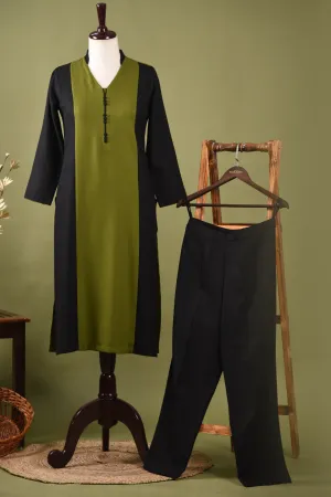 Green With Black Winter Wear Wool Spun Blend Ready To Wear A-Line Kurta With Pant