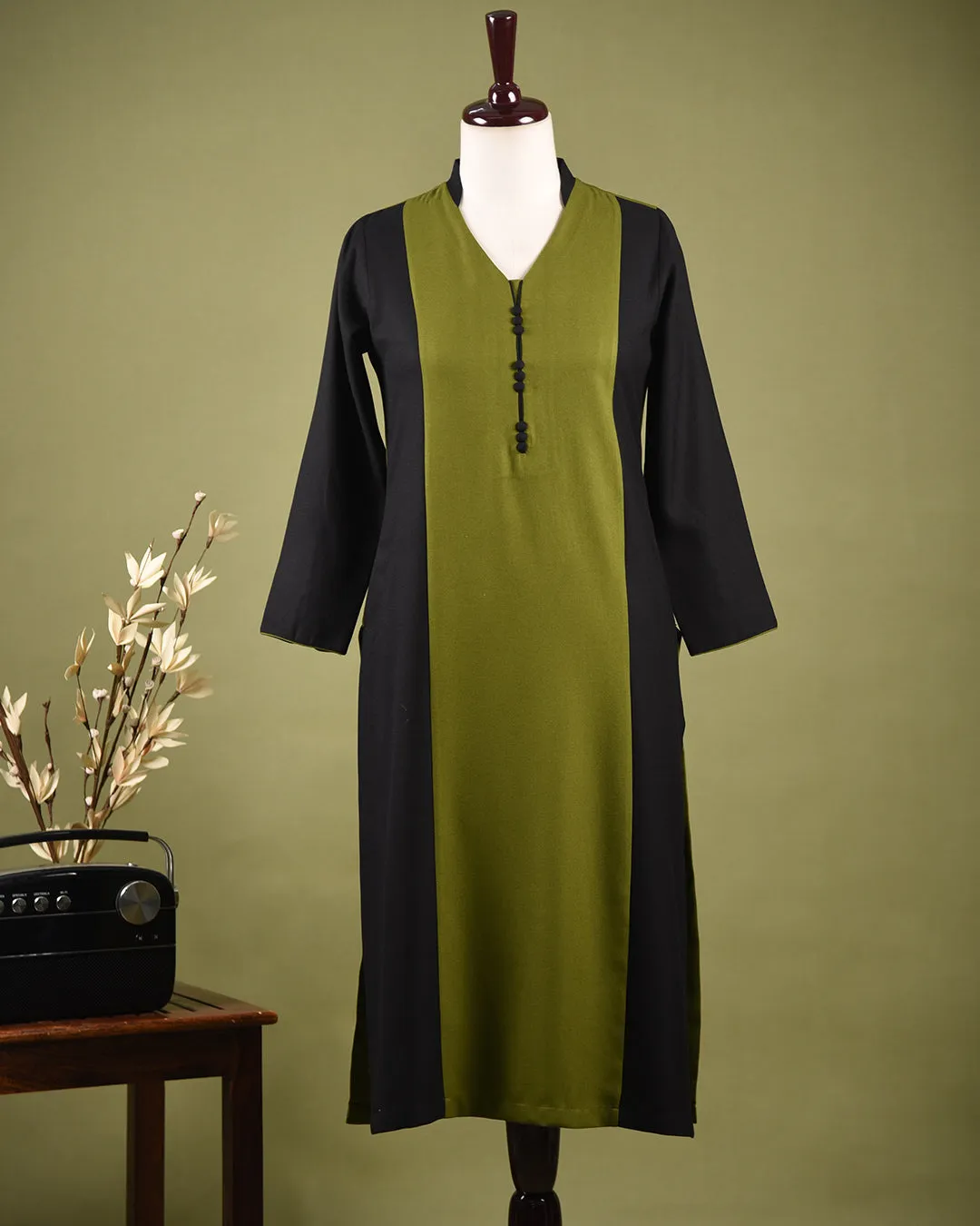 Green With Black Winter Wear Wool Spun Blend Ready To Wear A-Line Kurta With Pant