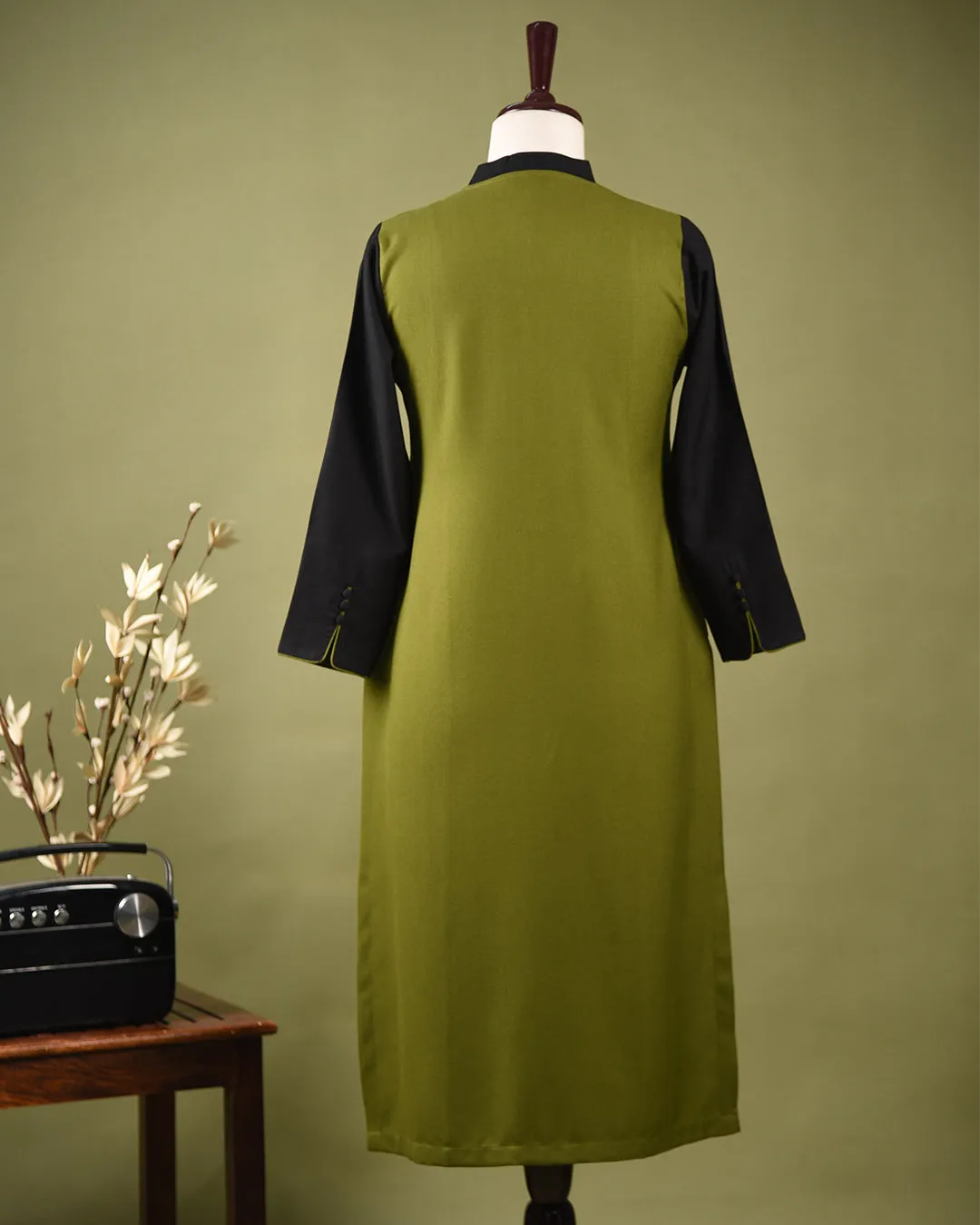 Green With Black Winter Wear Wool Spun Blend Ready To Wear A-Line Kurta With Pant