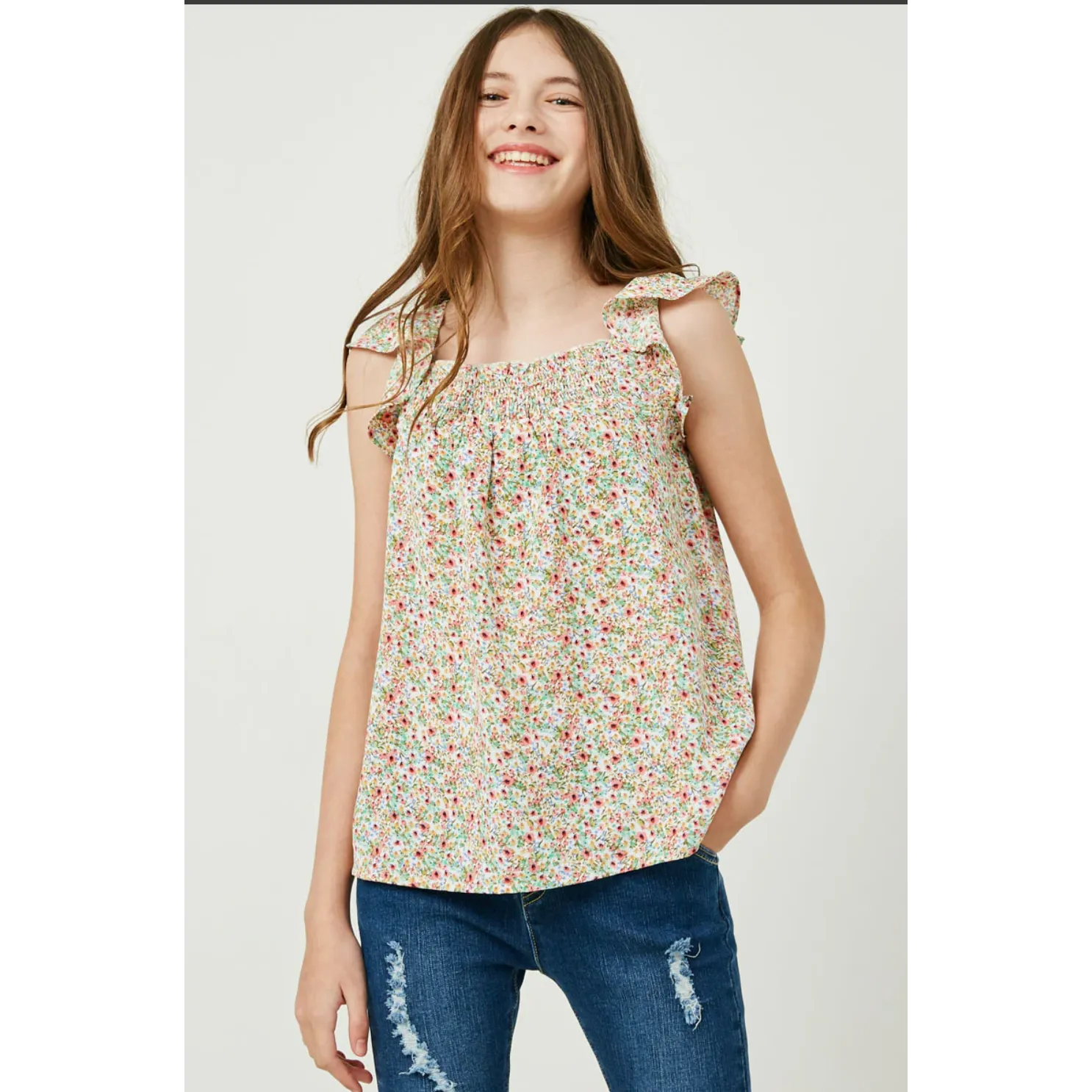 Hayden Girls Floral Smocked Ruffle Detail Tank