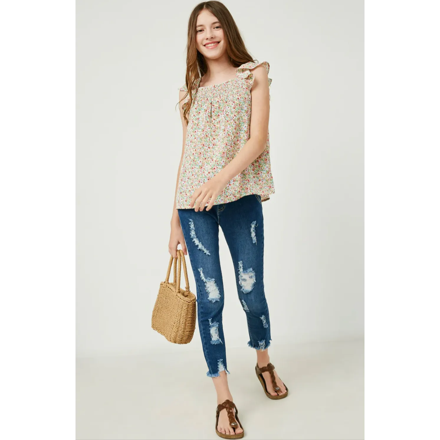 Hayden Girls Floral Smocked Ruffle Detail Tank