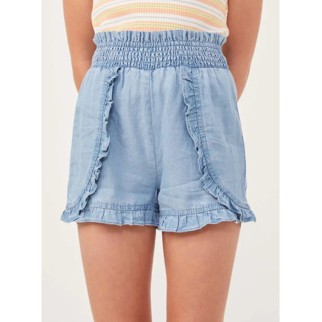 Hayden Girls Tencel Smocked Waist Ruffled Shorts- Light Denim
