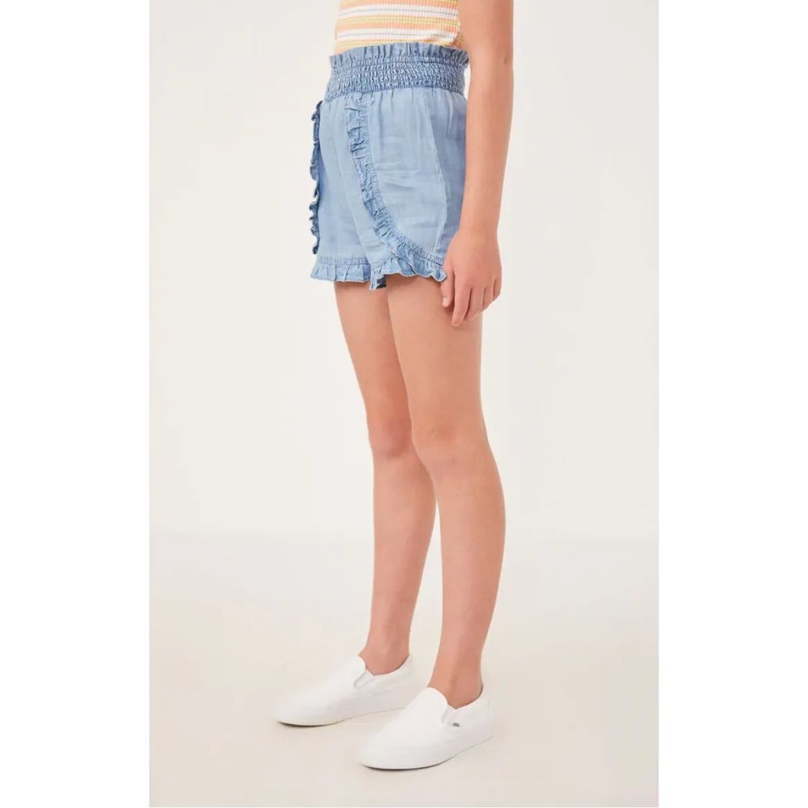 Hayden Girls Tencel Smocked Waist Ruffled Shorts- Light Denim