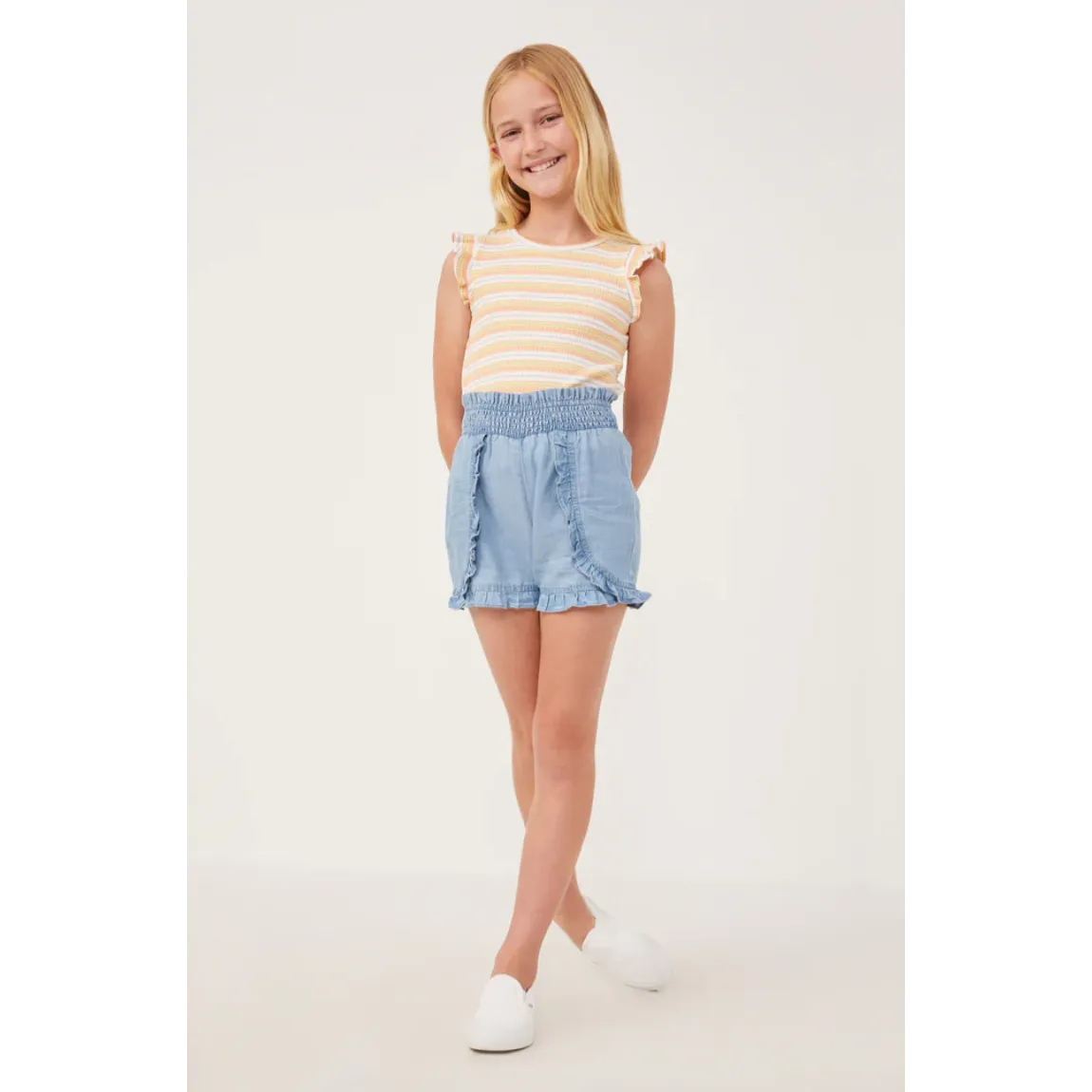 Hayden Girls Tencel Smocked Waist Ruffled Shorts- Light Denim